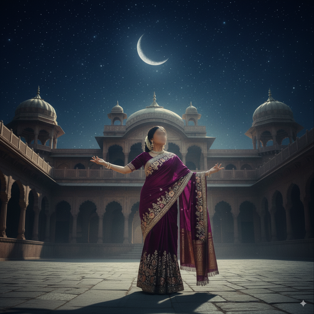  Create a starry-night Bollywood epic: person in a purple velvet saree at an Indian castle, dreamy lighting and dramatic shadows on nanobananas.me